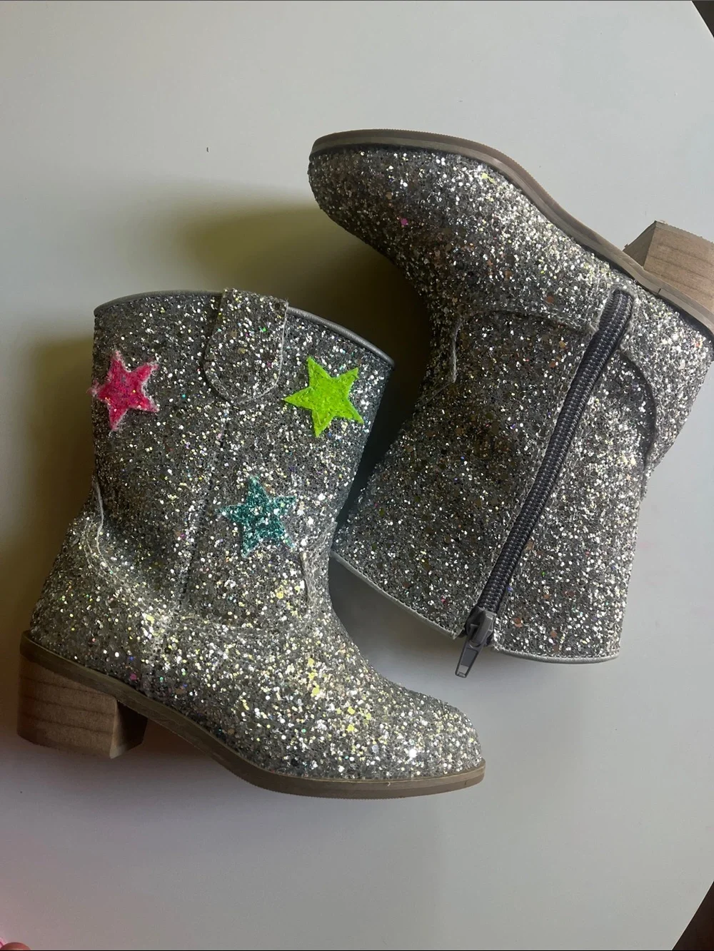 Lola + the Boys girls size 28 glitter Star Boots - Silver with Neon Stars